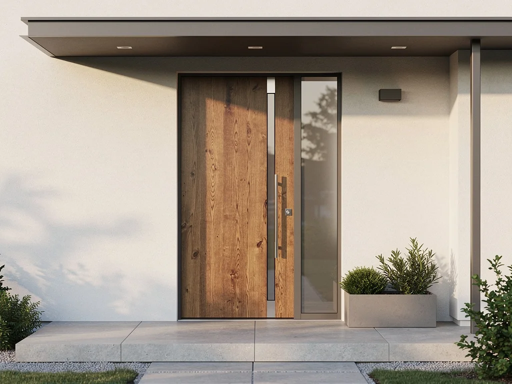 Porte d'entrée en bois massif avec vitrage vertical fin